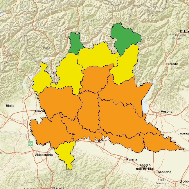 L'allerta temporali arancione su buona parte della Lombardia