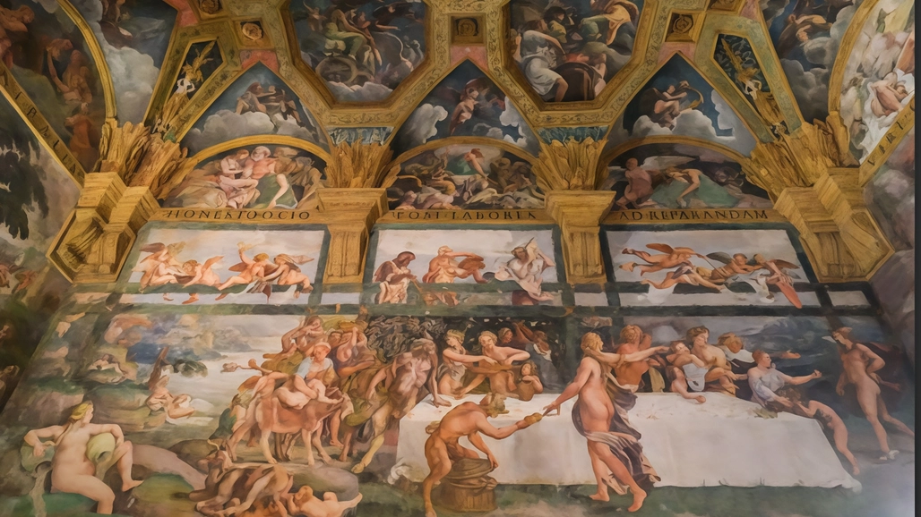 With the patrons the restoration of the fresco by Giulio Romano