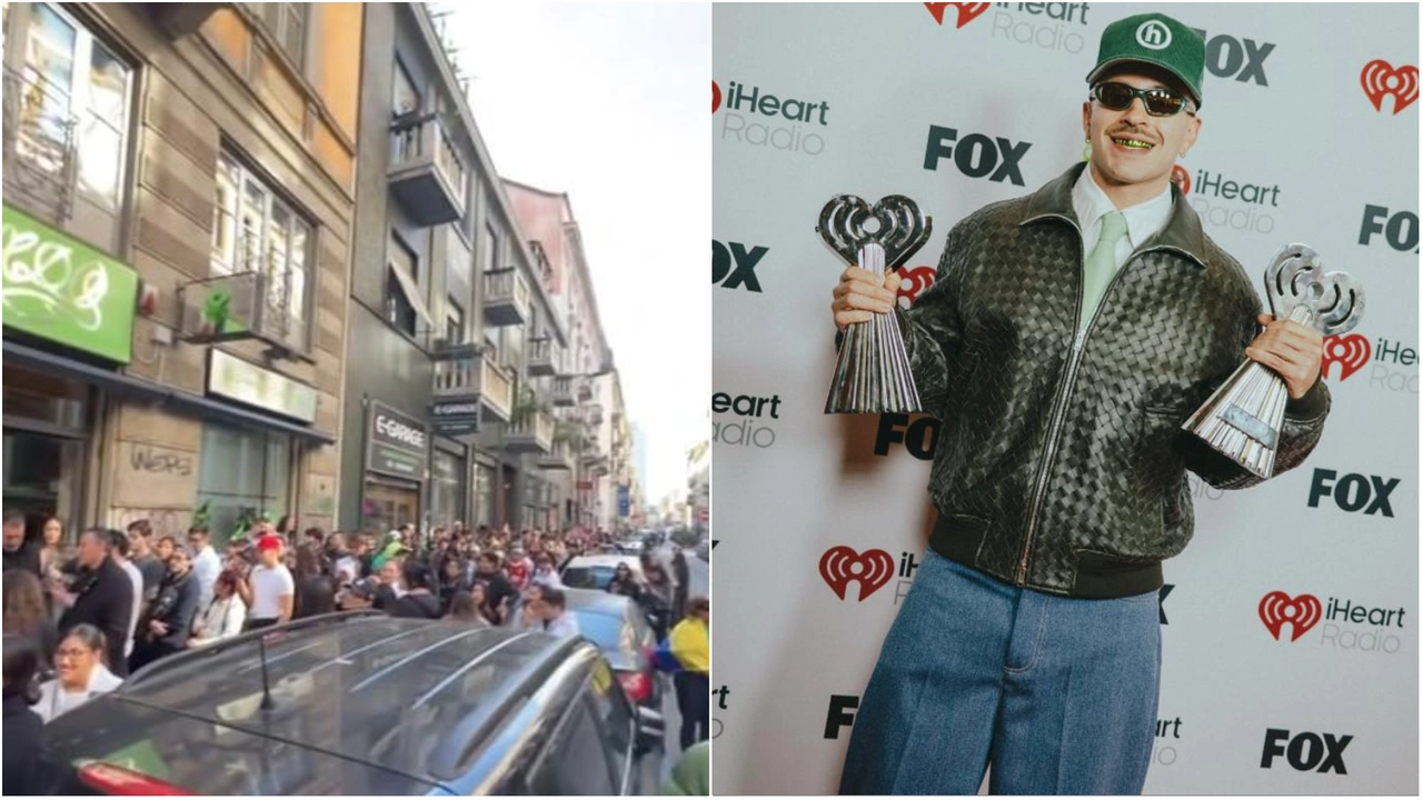 La coda di fan fuori dal pop up store di Feid, e a destra il cantante colombiano