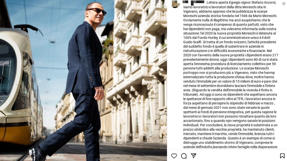Stefano Accorsi con le scarpe Moreschi e la lettera dei dipendenti (da Instagram)