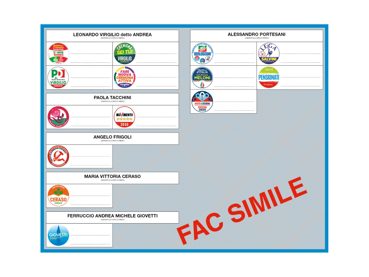 Il fac simile della scheda elettorale di Cremona, per le elezioni comunali 2024
