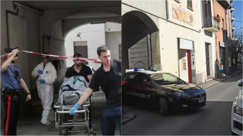 A sinistra gli inquirenti portano via il corpo di Iulian Avadani e a destra i carabinieri escono dalla casa di corte