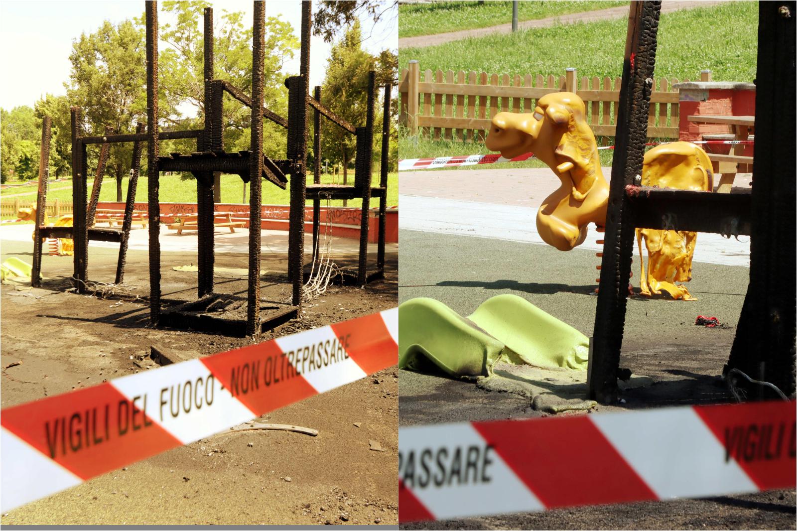 bruciata dai vandali la nuova area giochi del parco baden powell molloni fusi dalle fiamme e attrezzi in legno carbonizzati