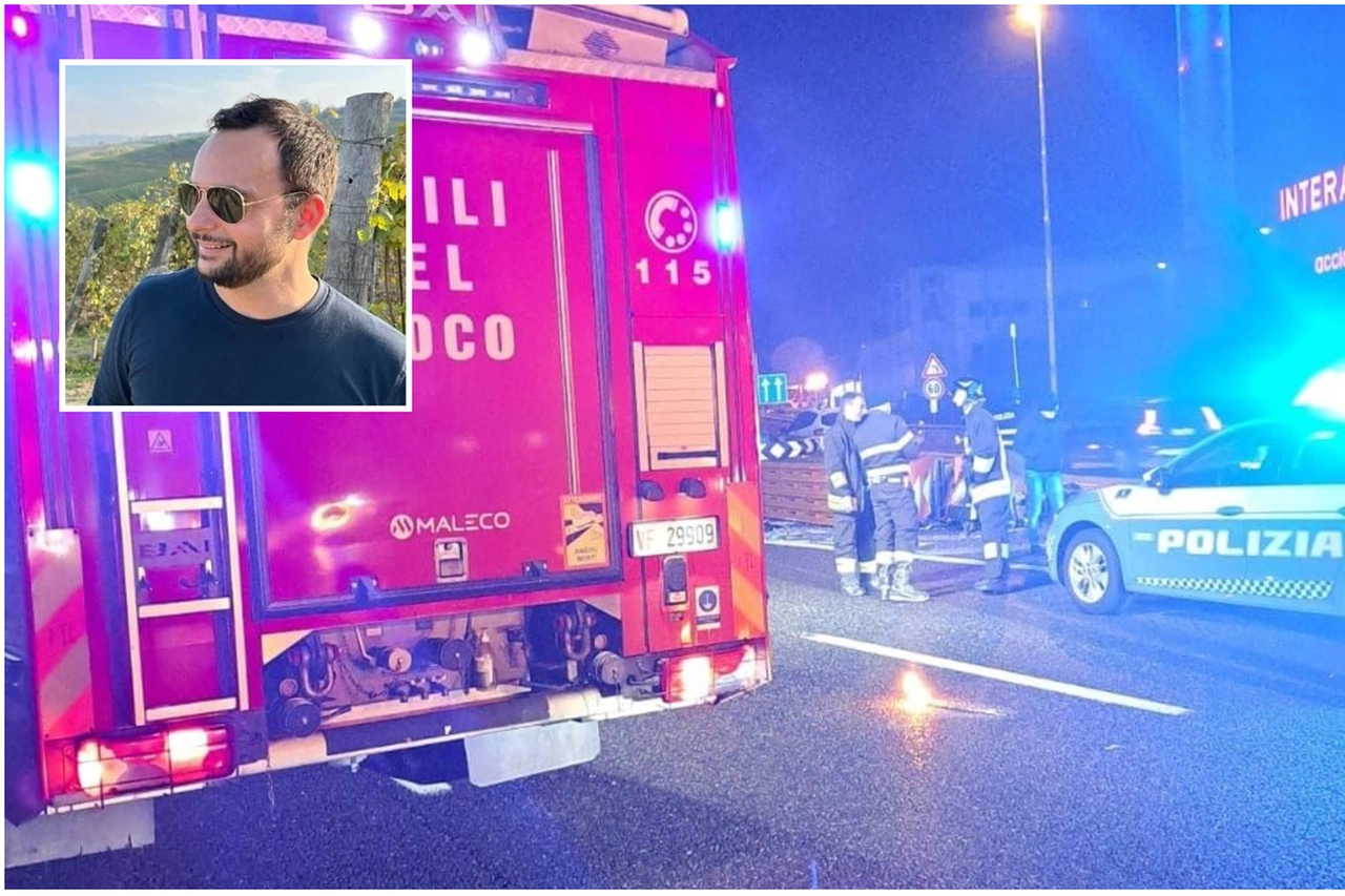 I soccorsi sul luogo dell'incidente lungo la A51; nel riquadro, la vittima, Claudio Postiglione
