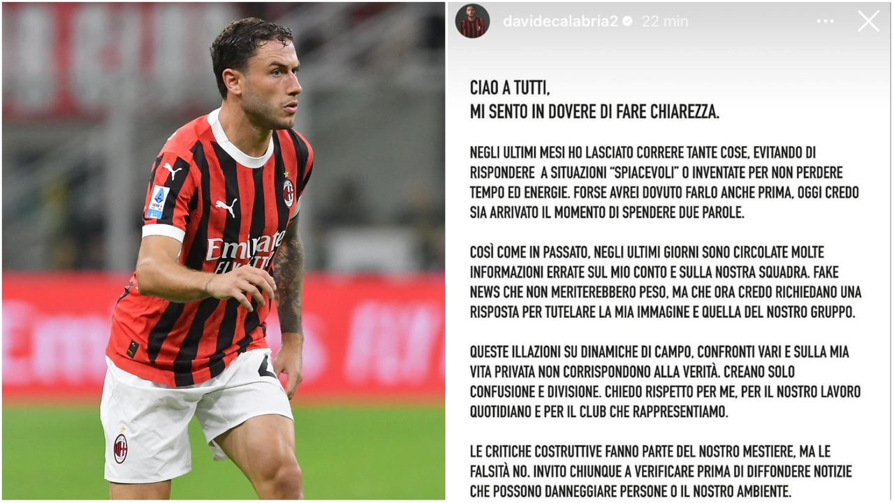 Davide Calabria; a destra, la sua lettera-nota pubblicata su Instagram Davide Calabria; a destra, la sua lettera-nota pubblicata su Instagram