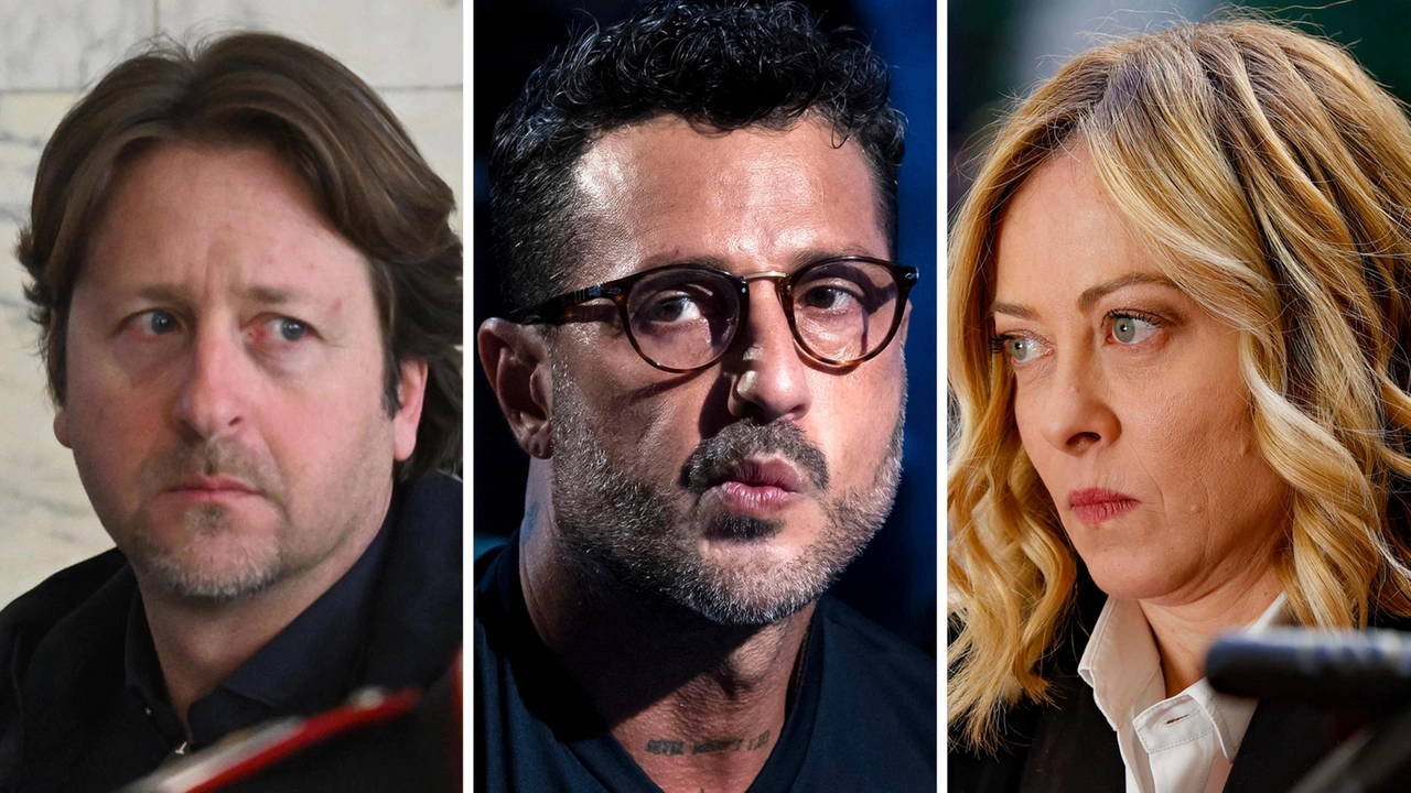 L'onorevole Manlio Messina, Fabrizio Corona e la presidente Giorgia Meloni