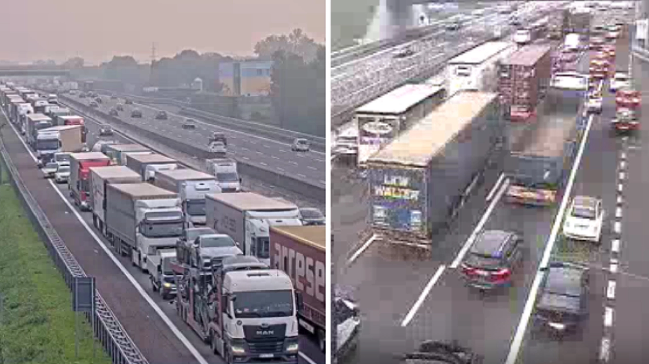 Due fotogrammi di due telecamere in tempo reale posizionate a circa 10 chilometri di distanza l'una dall'altra mostrano il traffico intenso sull'autostrada A4 tra Bergamo e Milano Due fotogrammi di due telecamere in tempo reale posizionate a circa 10 chilometri di distanza l'una dall'altra mostrano il traffico intenso sull'autostrada A4 tra Bergamo e Milano