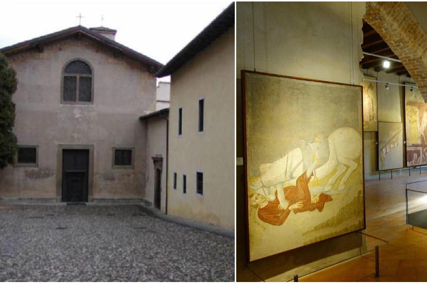 L'esterno del monastero e, a destra, uno degli affreschi nel museo