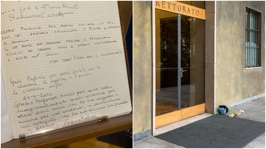 I pensieri degli studenti in ricordo di Franco Anelli affidati al libro dei visitatori in facoltà. A destra, i fiori lasciati davanti al rettorato della Cattolica