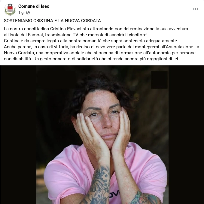 Il post del Comune di Iseo su Crsitina Plevani (Profilo Facebook)