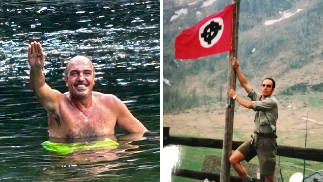 Checco Lattuada mentre fa il saluto romano. A destra, una foto in gioventù mentre tiene una bandiera con la croce celtica, simbolo usato dai movimenti neofascisti e suprematisti bianchi Checco Lattuada mentre fa il saluto romano. A destra, una foto in gioventù mentre tiene una bandiera con la croce celtica, simbolo usato dai movimenti neofascisti e suprematisti bianchi