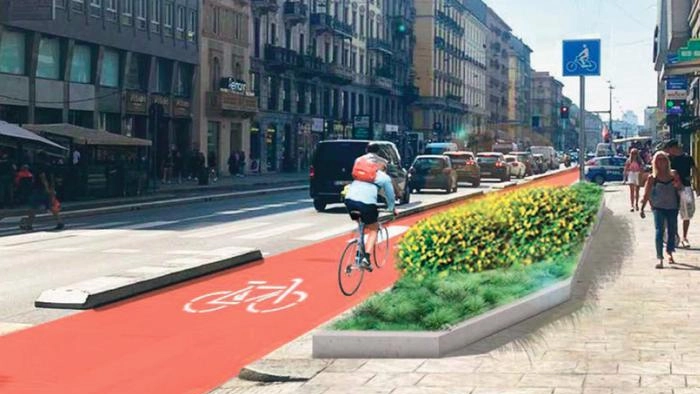 A sinistra un rendering di corso Buenos Aires con piante e pista ciclabile così come apparirà al termine di restyling A sinistra un rendering di corso Buenos Aires con piante e pista ciclabile così come apparirà al termine di restyling