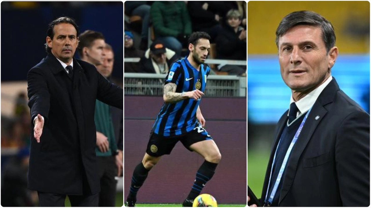 Da sinistra, Simone Inzaghi, Hakan Calhanoglu e Javier Zanetti