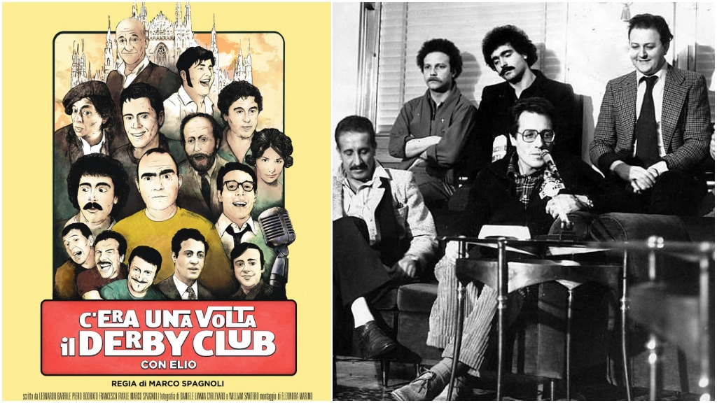La locandina del documentario "C'era una volta il derby". Una foto d'epoca con alcuni dei protagonisti del locale milanese: Guido Nicheli (Dogui), Giorgio Porcaro, Diego Abatantuono, Massimo Boldi e Enzo Jannacci