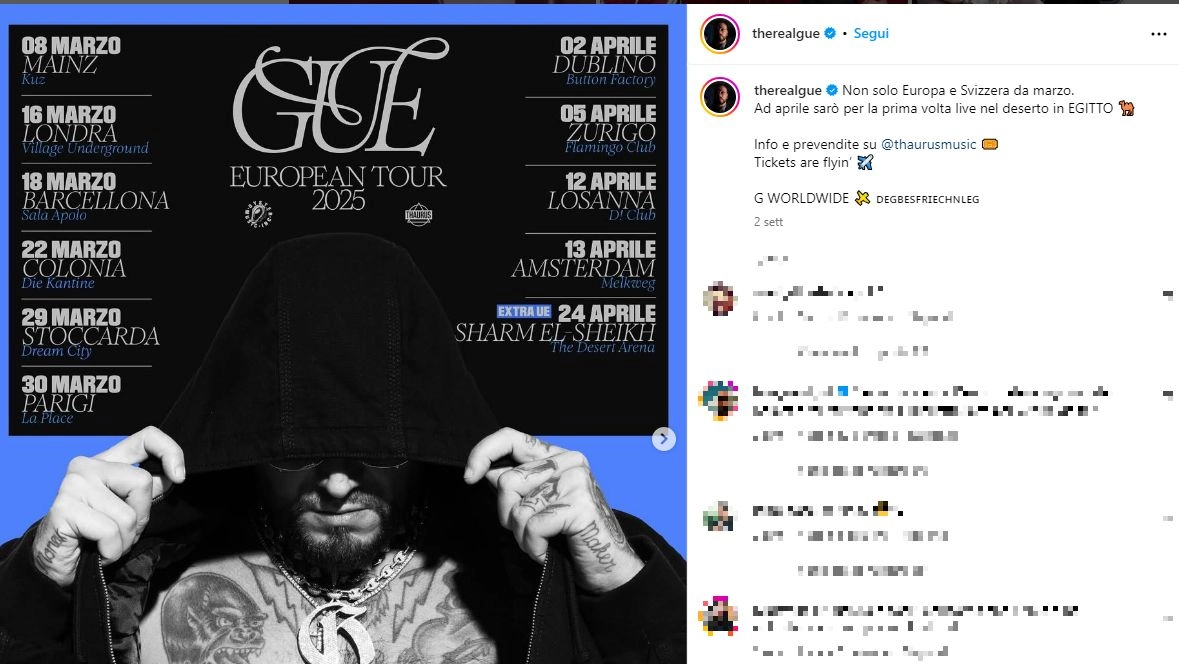 Guè, European Tour 2025 (Post Instagram)