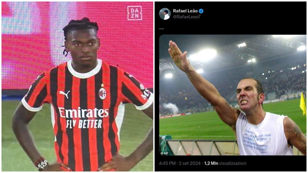 Rafael Leao isolato durante il cooling break (fotogramma Dazn) e, a destra, il post pubblicato su X Rafael Leao isolato durante il cooling break (fotogramma Dazn) e, a destra, il post pubblicato su X