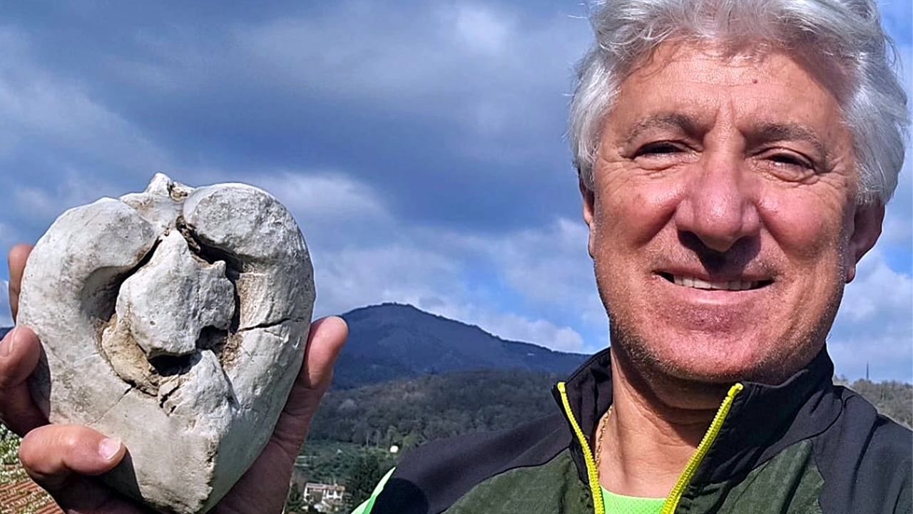 Giancarlo Maver mostra il fossile che verrà esposto al Centro visitatori di Prim’alpe