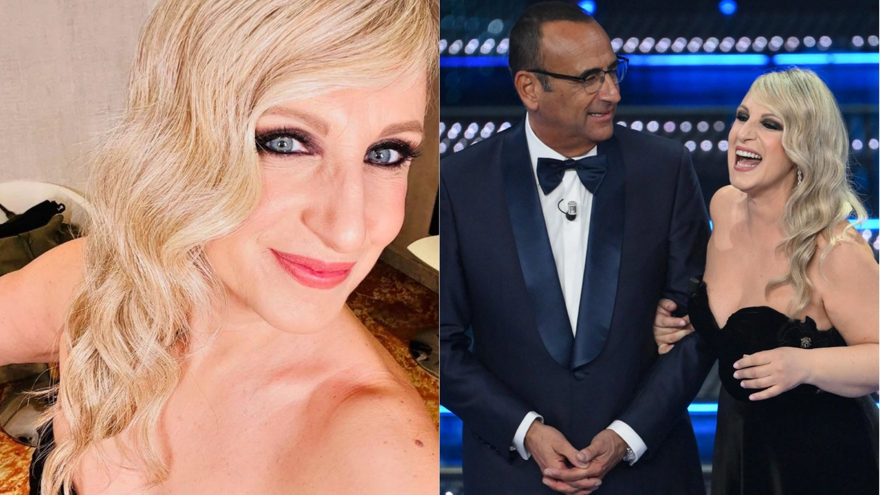Katia Follesa sul suo profilo Instagram (a sinistra) e sempre la presentatrice insieme a Carlo Conti al Festival di Sanremo 2025