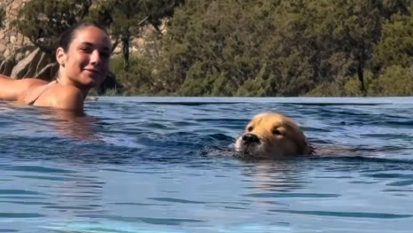Giulia Honegger e il cane Silvio in piscina (Frame video Fedez)