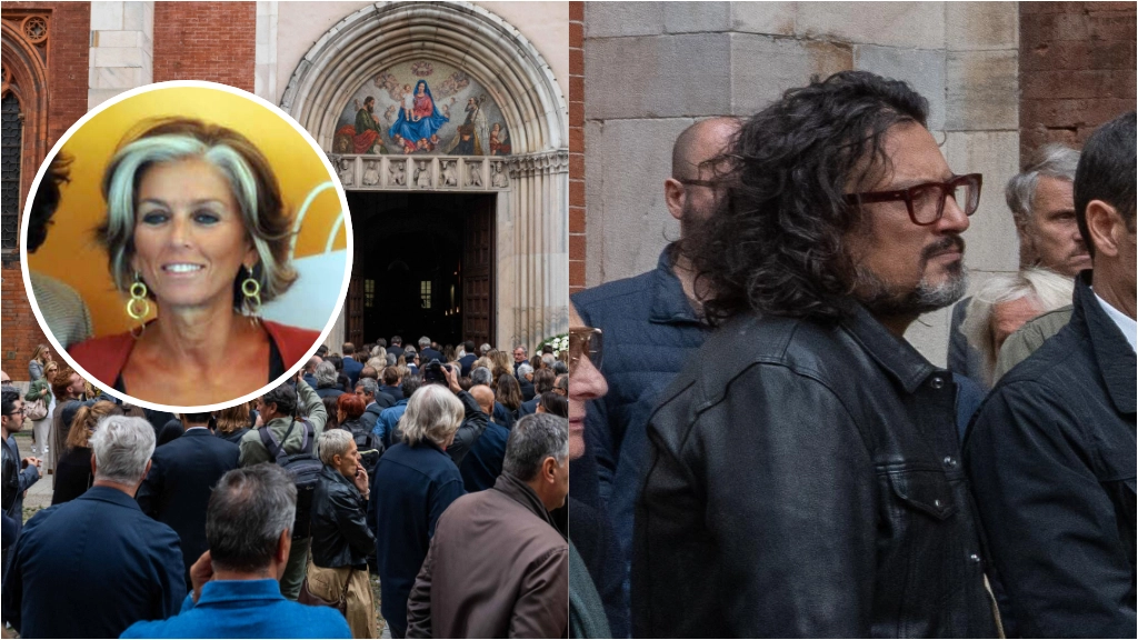 I funerali di Paola Marella (nel tondo) lunedì 23 settembre a Milano, nella chiesa di San Marco. A destra il collega e amico Alessandro Borghese, tra i presenti per l'ultimo saluto