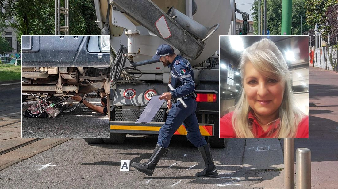 I rilievi della polizia locale sul luogo dell’incidente. Nel riquadro a destra, Alfina D’Amato I rilievi della polizia locale sul luogo dell’incidente. Nel riquadro a destra, Alfina D’Amato