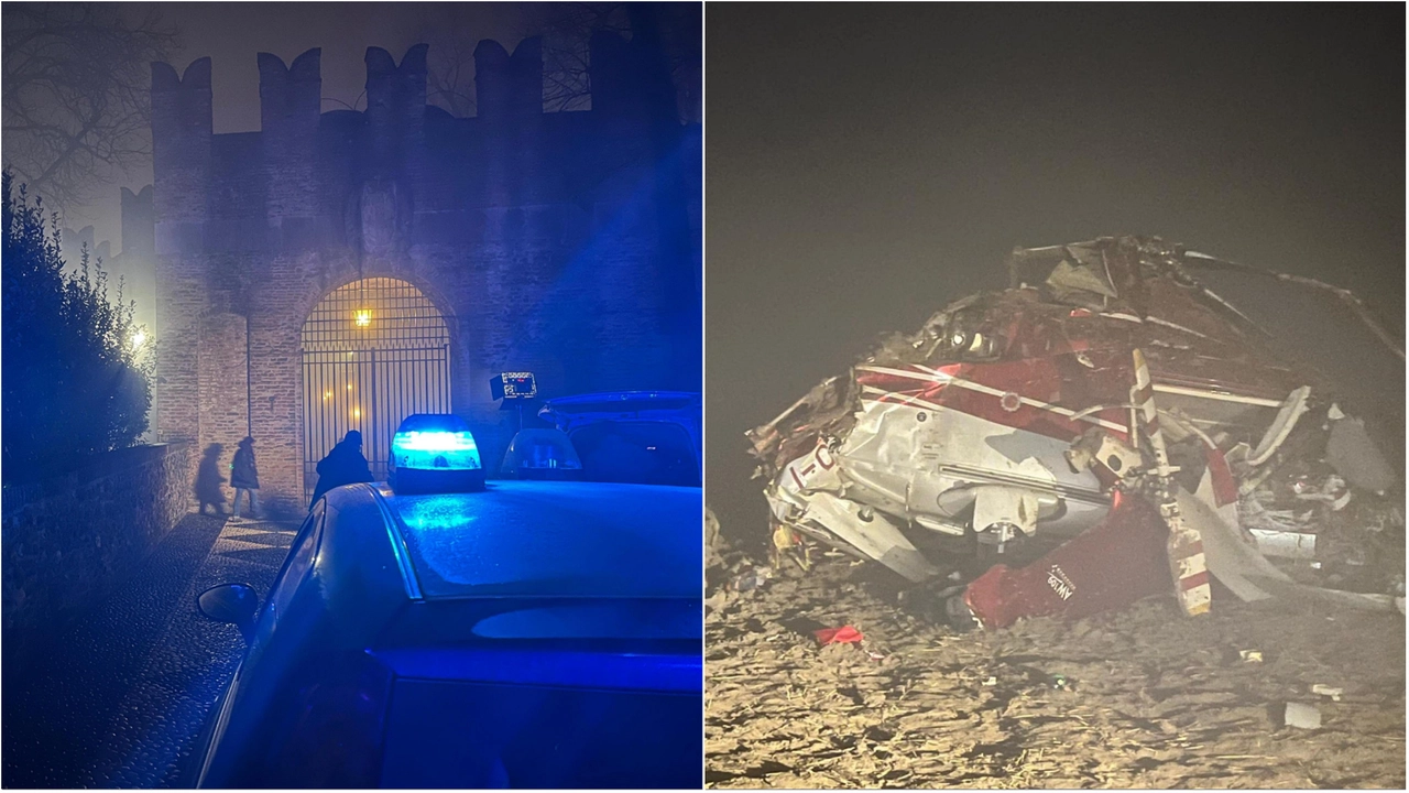A sinistra il castello di Castelguelfo raggiunto da polizia e soccorsi. A destra l'elicottero caduto dove è morto Lorenzo Rovagnati, ad ed erede