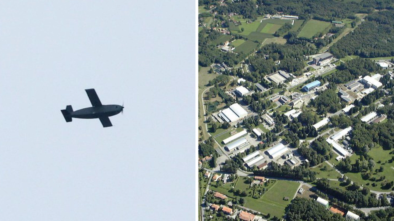 Un drone spia. A destra, una veduta aerea del Joint Research Centre di Ispra Un drone spia. A destra, una veduta aerea del Joint Research Centre di Ispra