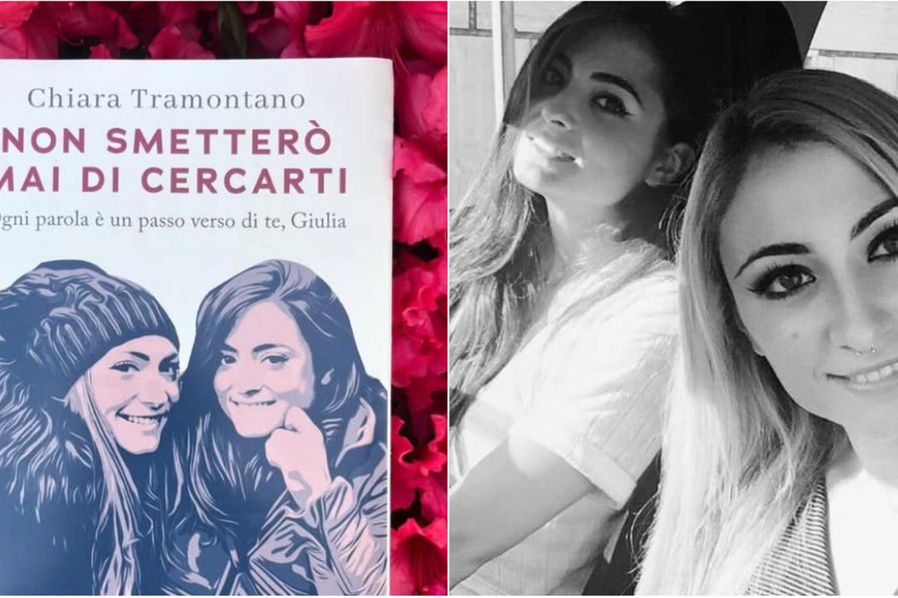 Giulia e Chiara Tramontano insieme sulla copertina del libro e in uno scatto di un momento felice