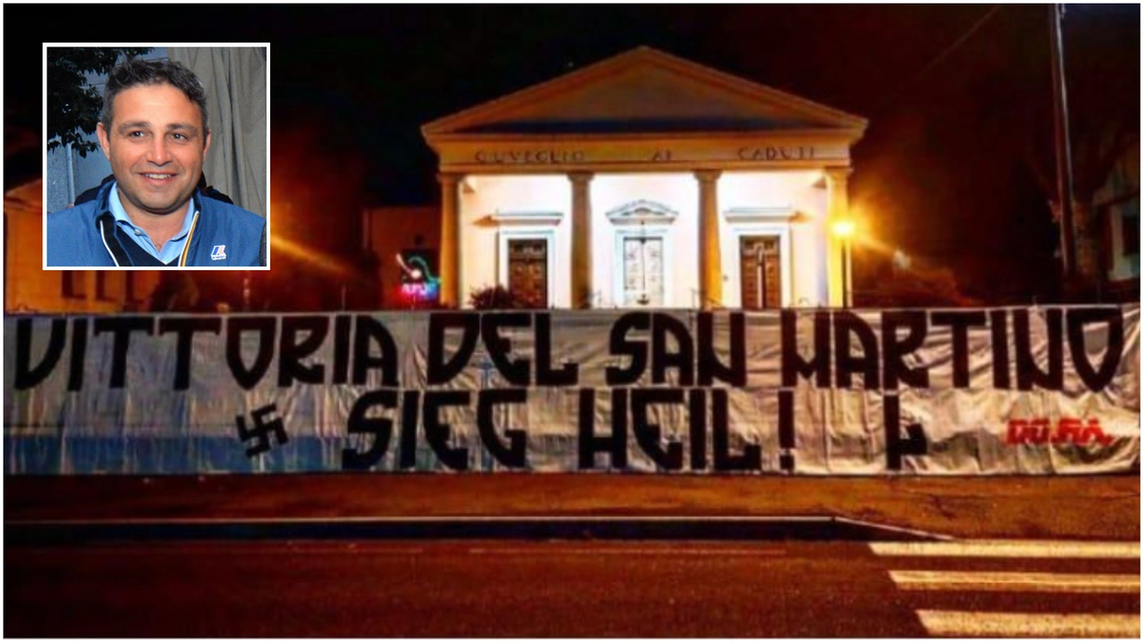 Lo striscione con svastica esposto dai Do.Ra. Nel riquadro, il consigliere regionale Samuele Astuti Lo striscione con svastica esposto dai Do.Ra. Nel riquadro, il consigliere regionale Samuele Astuti