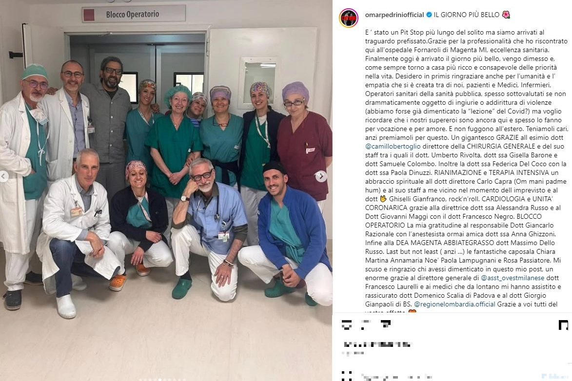 Il post Instagram di Omar Pedrini, giorno delle dimissioni dall'ospedale Fornaroli di Magenta