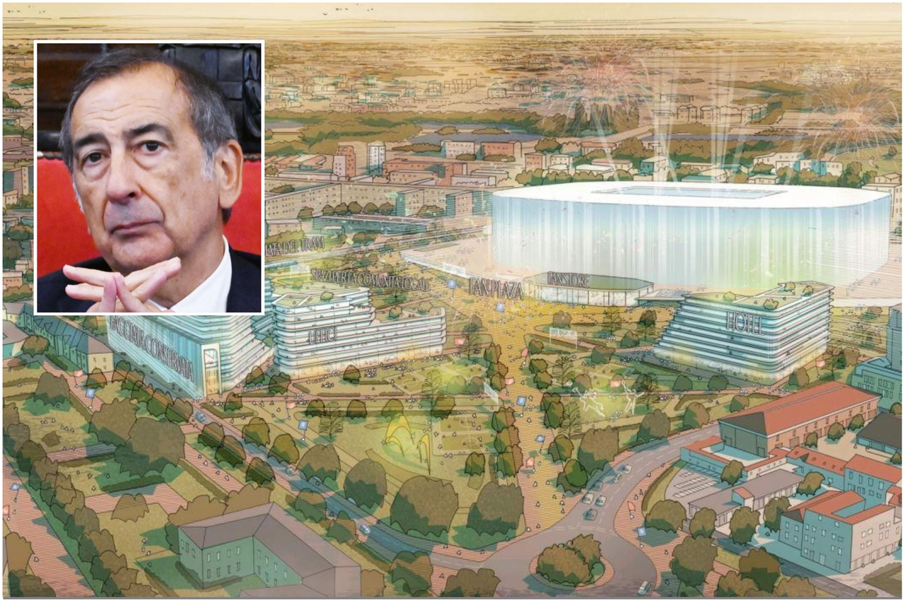 Il rendering del progetto su San Siro e il sindaco Giuseppe Sala