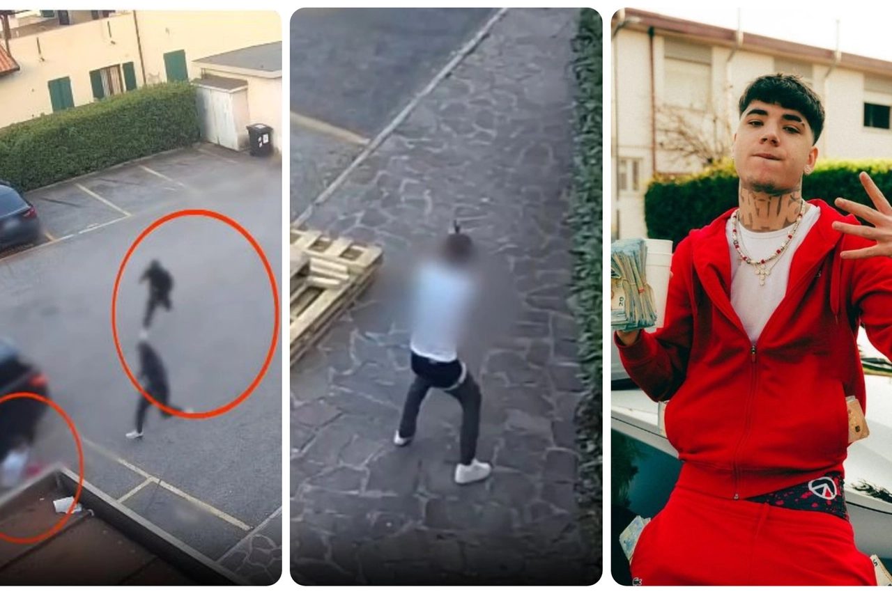 Le immagini della sparatoria (video polizia) e, a destra, il rapper Shiva (Foto Instagram)