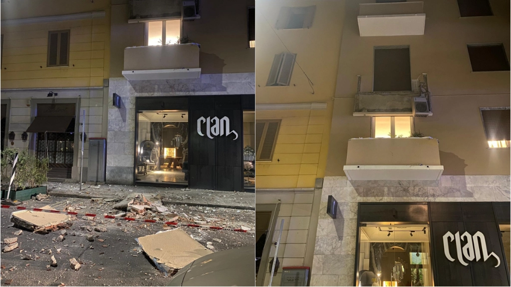 Il balcone crollato in via Sottocorno e i calcinacci sulla strada Il balcone crollato in via Sottocorno e i calcinacci sulla strada