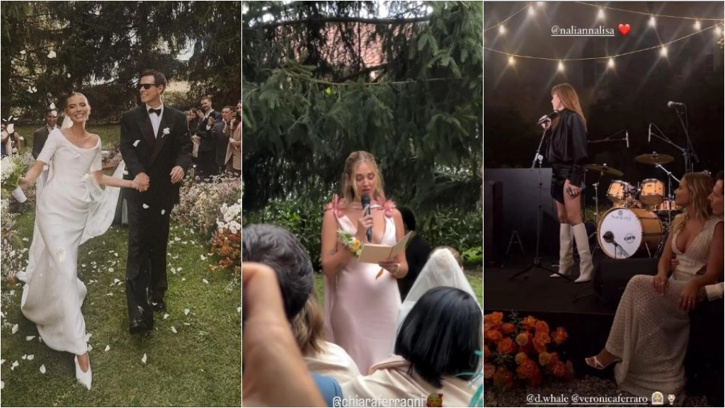 Da sinistra: gli sposi Veronica Ferraro e Davide Simonetta (instagram @veronicaferraro), Chiara Ferragni (instagram @chiaraferragni) che legge il suo messaggio e Annalisa durante la sua canzone per i neo sposi