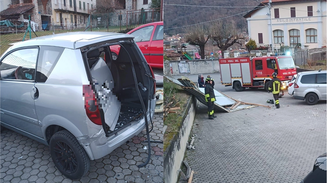 Cuvio, le lamiere di un capannone cadono in un parcheggio e colpiscono un'auto Cuvio, le lamiere di un capannone cadono in un parcheggio e colpiscono un'auto