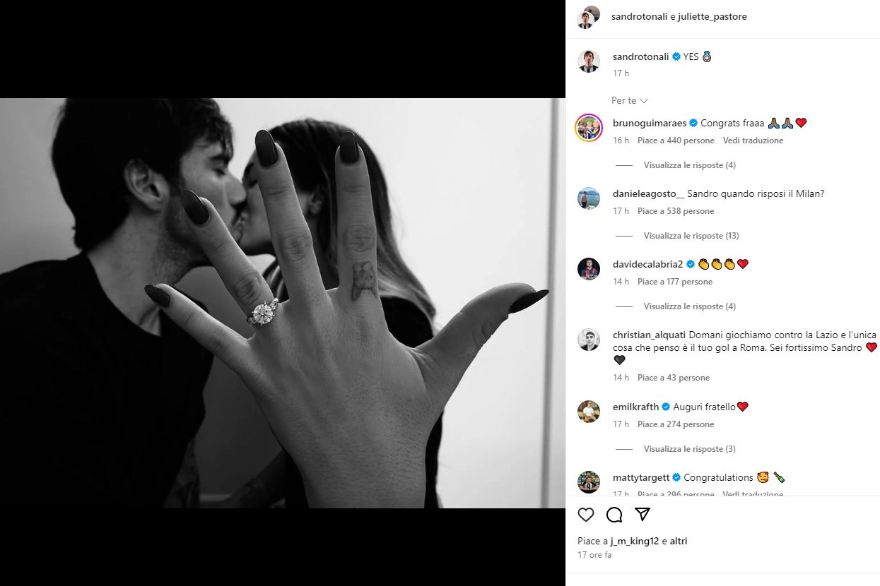 Il post Instagram di Sandro Tonali e di Giulia Pastore