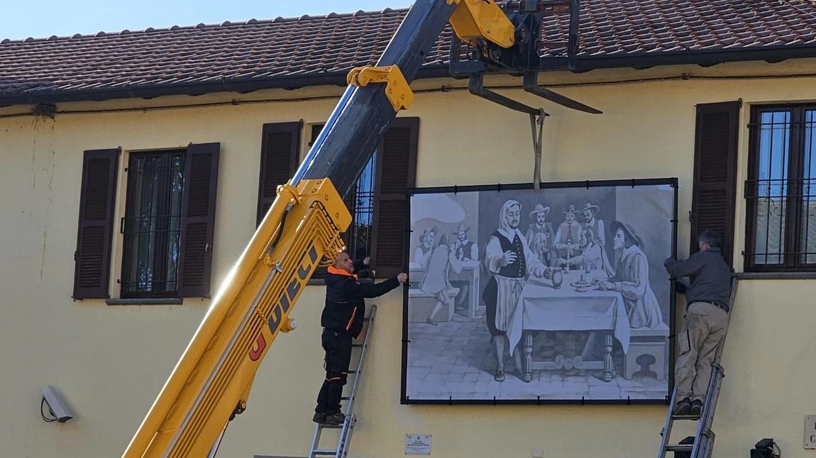 La copia in Pvc del murale ispirato alla sosta di Renzo Tramaglino a Gorgonzola narrata al capitolo 16 dei Promessi Sposi La copia in Pvc del murale ispirato alla sosta di Renzo Tramaglino a Gorgonzola narrata al capitolo 16 dei Promessi Sposi