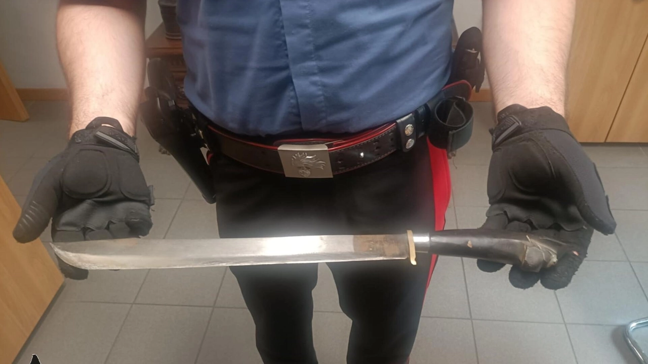 In auto avevano un coltello a lama fissa lungo ben 36 centimetri. Una sorta di sciabola. Sono stati i carabinieri... In auto avevano un coltello a lama fissa lungo ben 36 centimetri. Una sorta di sciabola. Sono stati i carabinieri...