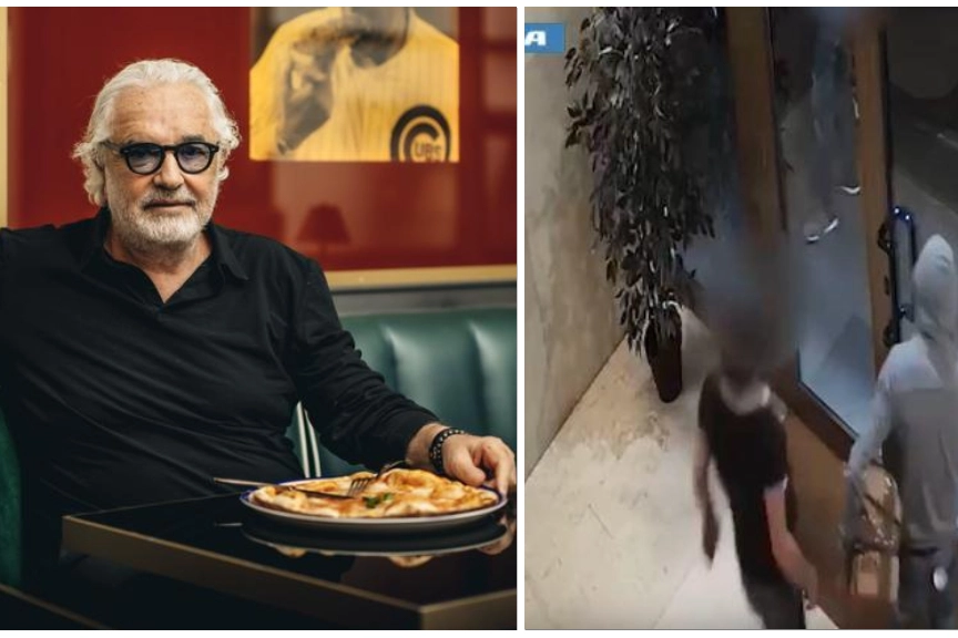Briatore nel suo locale Crazy Pizza; a destra, i ladri in azione in via Varese