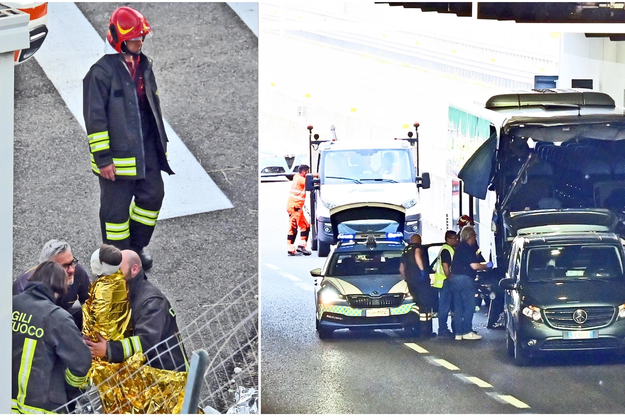 Uno dei bimbi rimasti feriti; a destra, soccorsi e primi rilievi sul luogo dell'incidente
