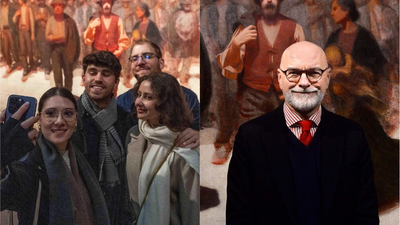 Un selfie davanti alla "Fiumana" di Pellizza da Volpedo; a destra Angelo Crespi, direttore generale della Pinacoteca di Brera e e della Biblioteca Braidense Un selfie davanti alla "Fiumana" di Pellizza da Volpedo; a destra Angelo Crespi, direttore generale della Pinacoteca di Brera e e della Biblioteca Braidense