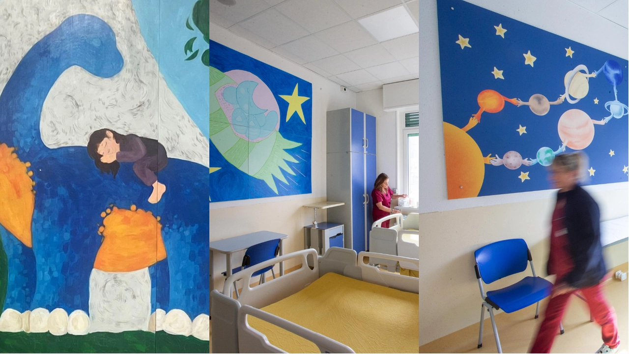 Alcune delle opere degli studenti della Scuola di Pittura dell’Accademia di Brera nelle stanze di degenza e nel day hospital del dipartimento di Neuroscienze pediatriche dell’Irccs Neurologico Besta di via Celoria a Milano