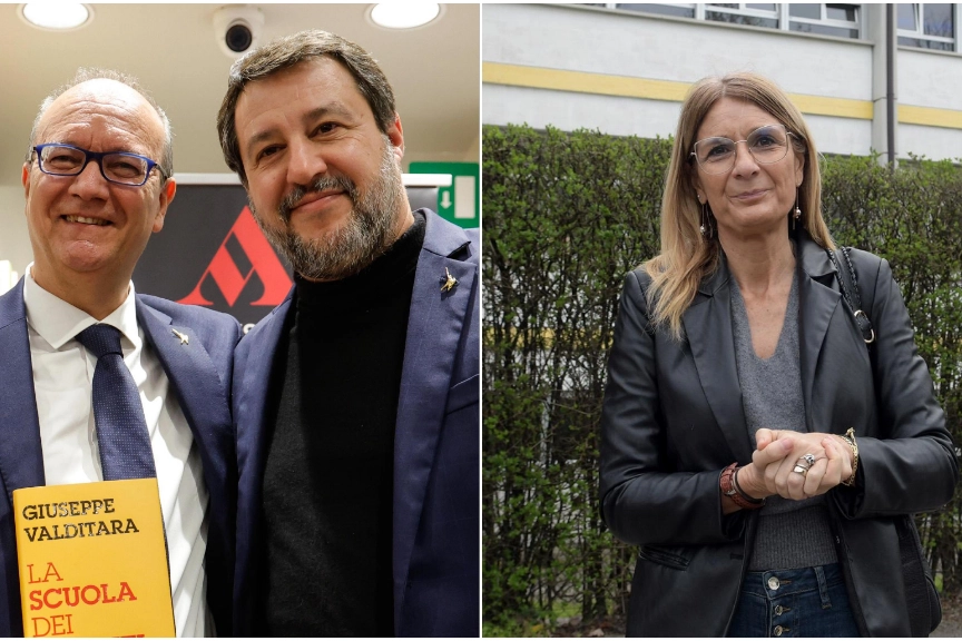 A sinistra, Giuseppe Valditara e Matteo Salvini. A destra, Simona Malpezzi davanti all'istituto Iqbal Masih di Pioltello (Foto Canali)
