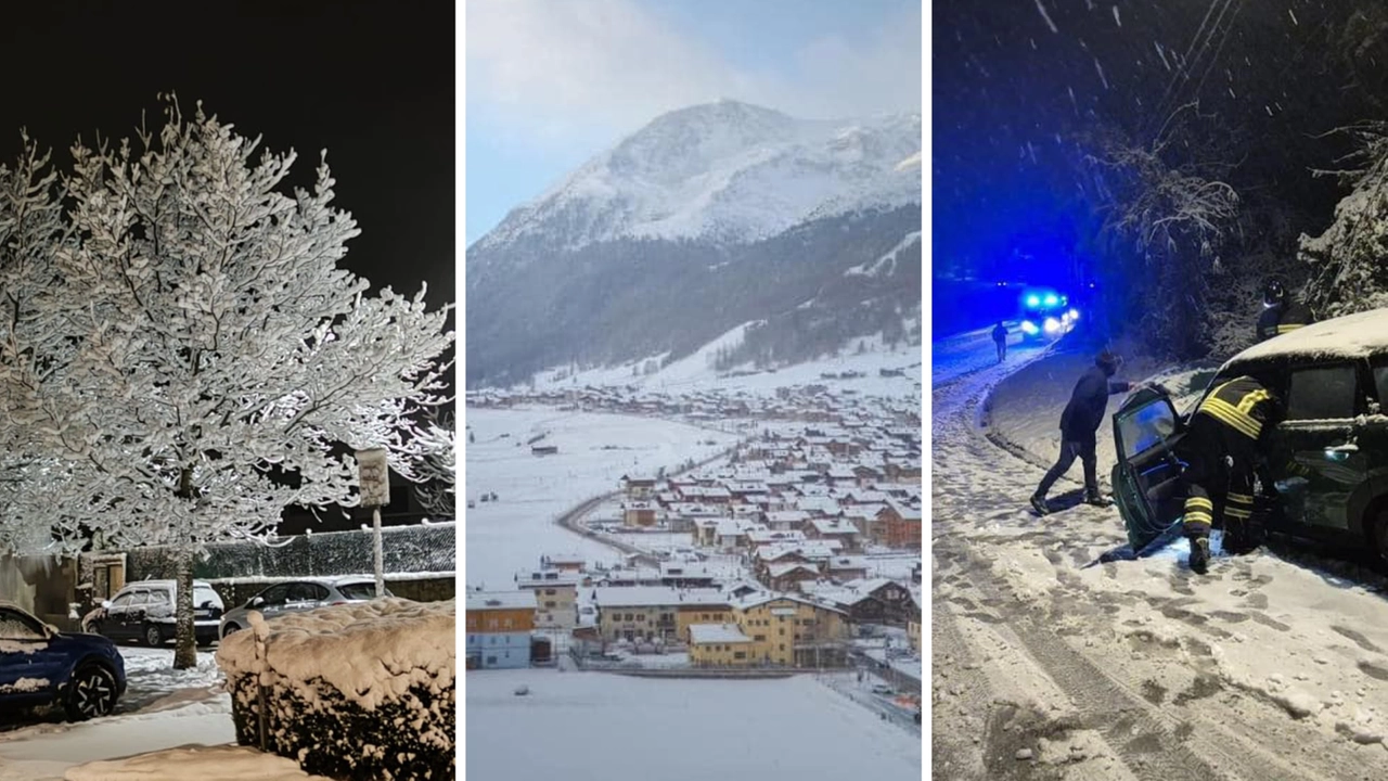 Nevicate su varie province della Lombardia. Al centro, Livigno imbiancata. A destra, l'intervento dei vigili del fuoco dopo un incidente a Besozzo Nevicate su varie province della Lombardia. Al centro, Livigno imbiancata. A destra, l'intervento dei vigili del fuoco dopo un incidente a Besozzo
