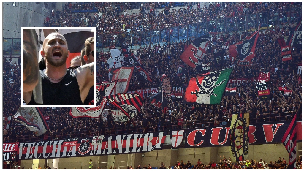 La Curva Sud del Milan. Nel riquadro, il leader Luca Lucci La Curva Sud del Milan. Nel riquadro, il leader Luca Lucci