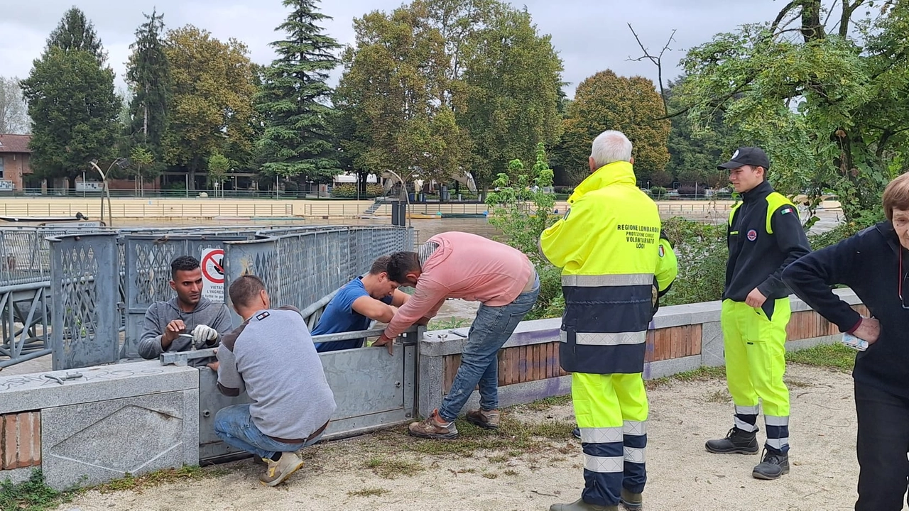 La predisposizione delle paratie lungo la sponda destra del fiume Adda a Lodi La predisposizione delle paratie lungo la sponda destra del fiume Adda a Lodi