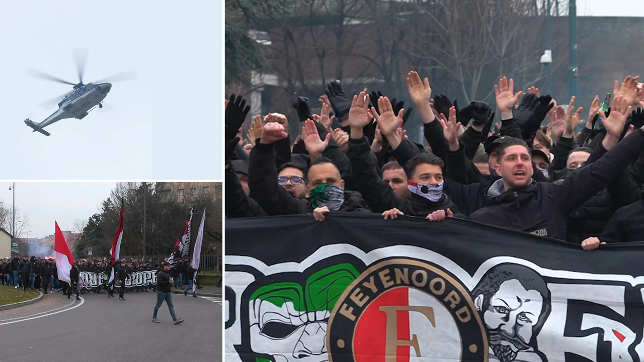 I tifosi del Feyenoord verso lo stadio San Siro marcati a vista dalla Polizia I tifosi del Feyenoord verso lo stadio San Siro marcati a vista dalla Polizia