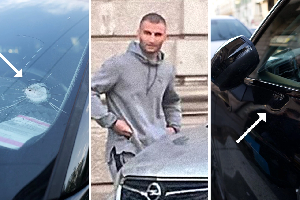 Luca Guerrini (al centro) e i colpi di pistola esplosi contro la sua auto