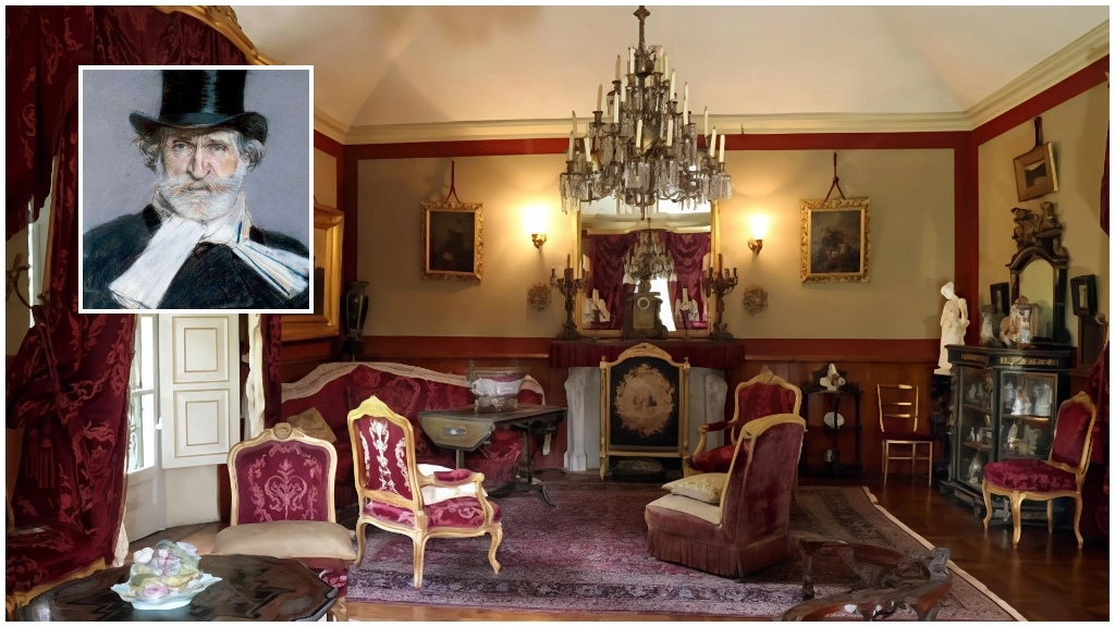 Una delle sale di villa Verdi; in alto, il maestro nel ritratto di Giovanni Boldini
