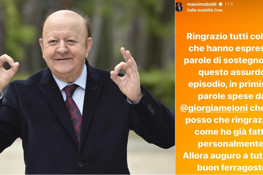 Massimo Boldi; a fianco, la storia Instagram con i ringraziamenti a Giorgia Meloni